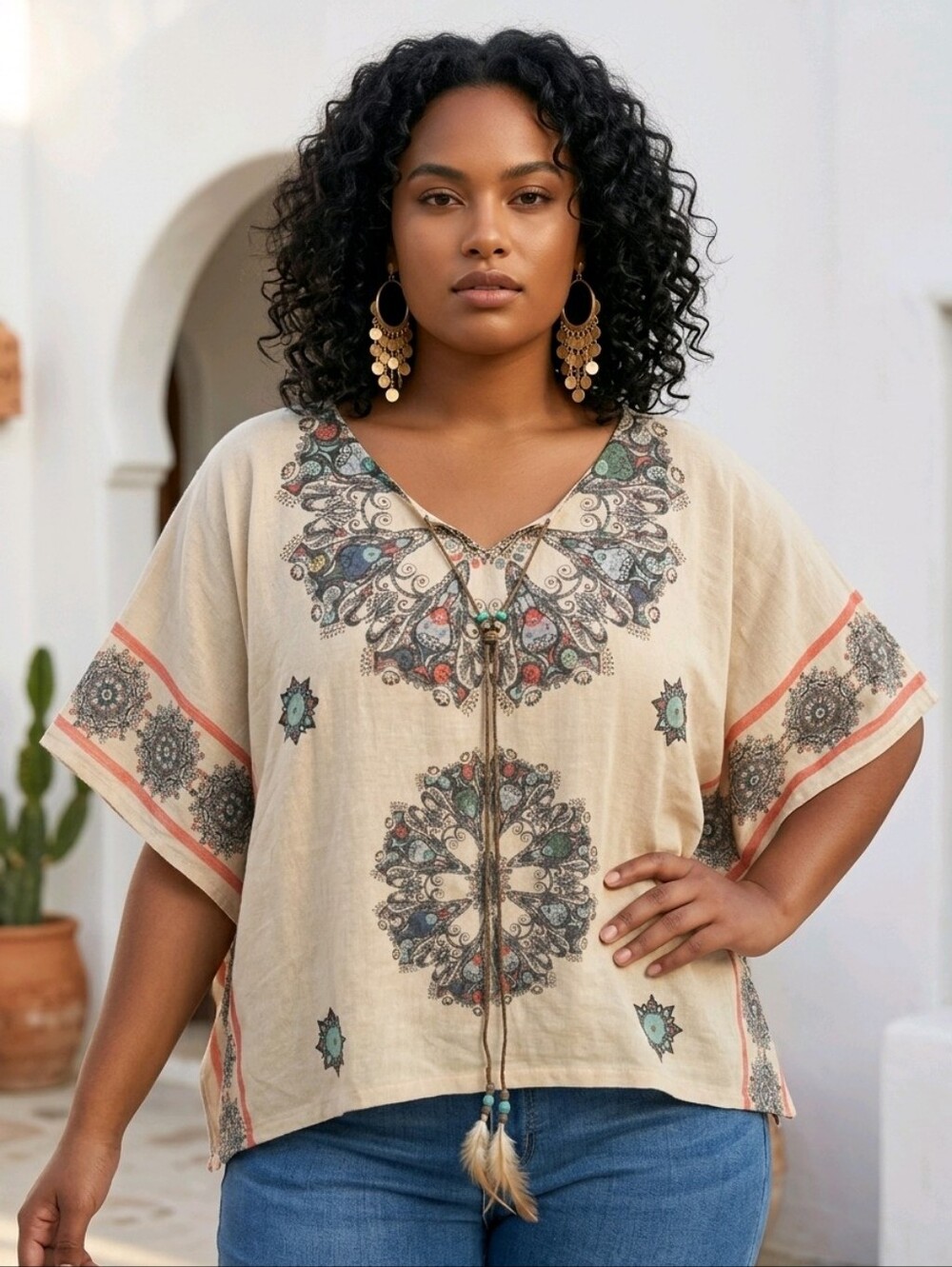 Boho Mandala Poncho Top Beige Embellished Kaftan Festival XL 1X Desert Artisan